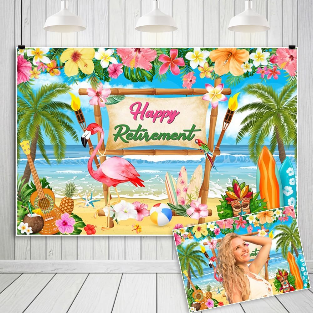 Summer Hawaiian Beach Happy Retirement Backdrop Luau Aloha Retirement Party Decorations Tropical Beach Farewell Photography Background Retired Party Supplies Banner 20x10ft