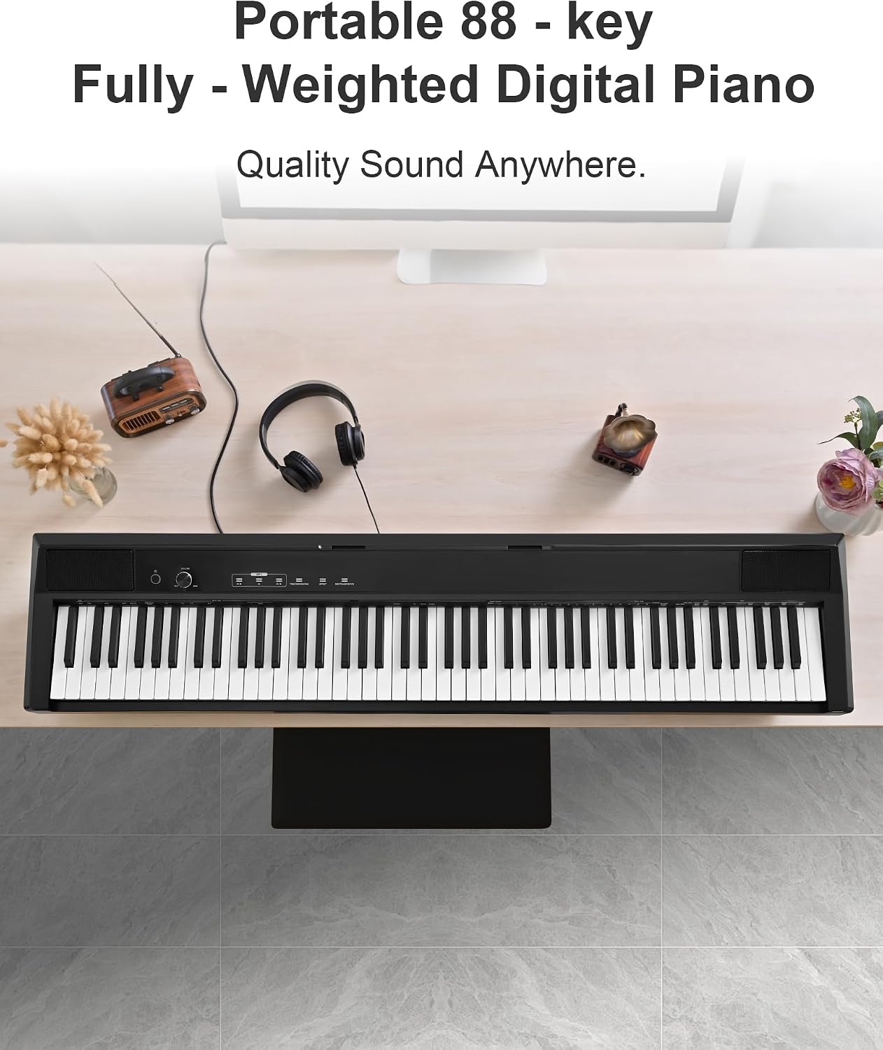 S-200 Beginner Keyboard Piano - 88 Key Full-Size Weighted Digital Piano, Portable Electric Piano with Sustain Pedal, Power Supply, Dual Headphone Jack, USB-MIDI, and MP3 Player,Black