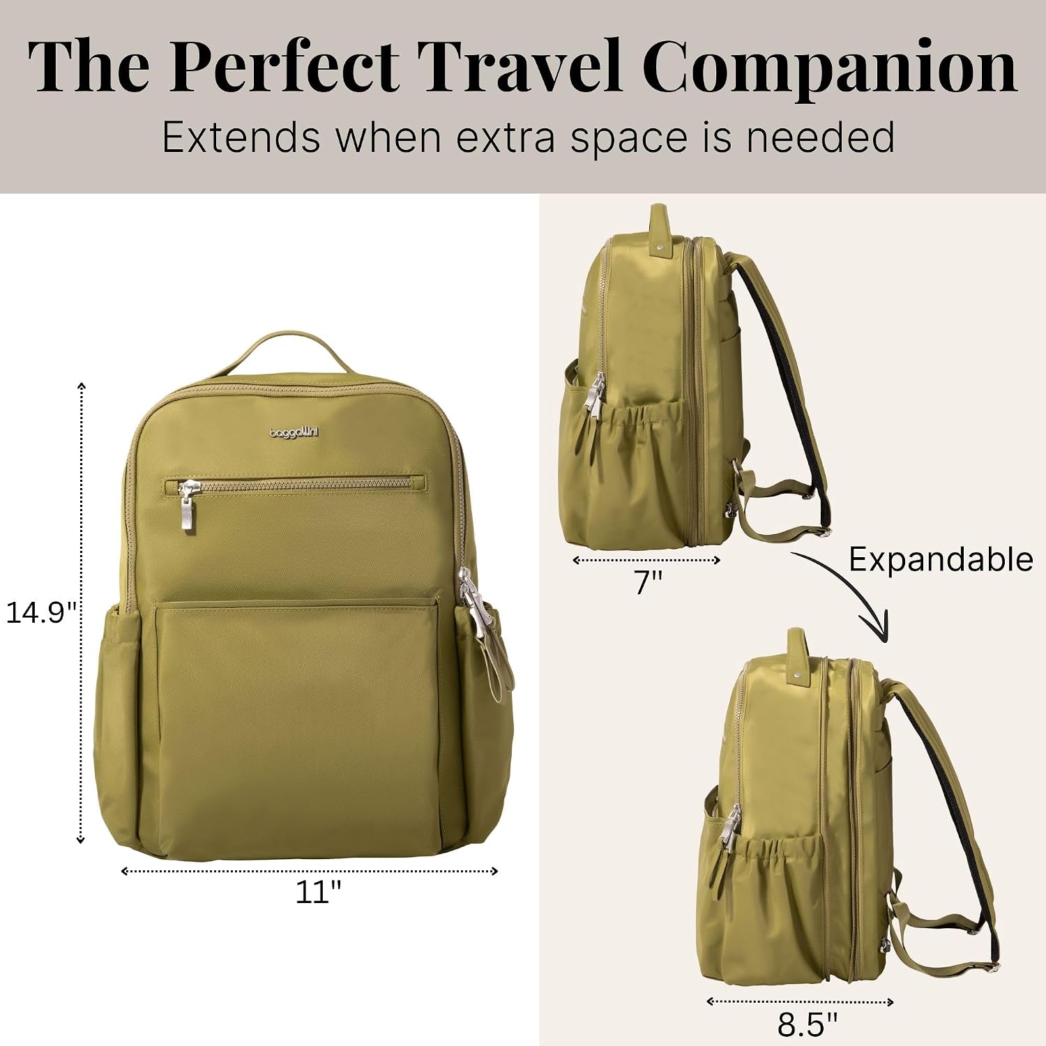 Baggallini Tribeca Expandable Laptop Backpack - 15'x11' Lightweight RFID Computer Bag for Work & Travel with Luggage Sleeve