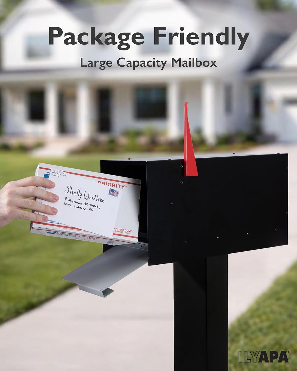 Ilyapa Modern Mailbox Post Mount - 21x8x10 Gray with Black Door Powder Coated Steel, Waterproof Letter Box for Parcels, with Black Recessed Magnetic Close Door