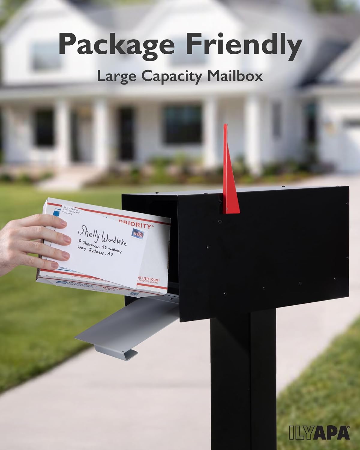 Ilyapa Modern Mailbox Post Mount - 21x8x10 Gray with Black Door Powder Coated Steel, Waterproof Letter Box for Parcels, with Black Recessed Magnetic Close Door