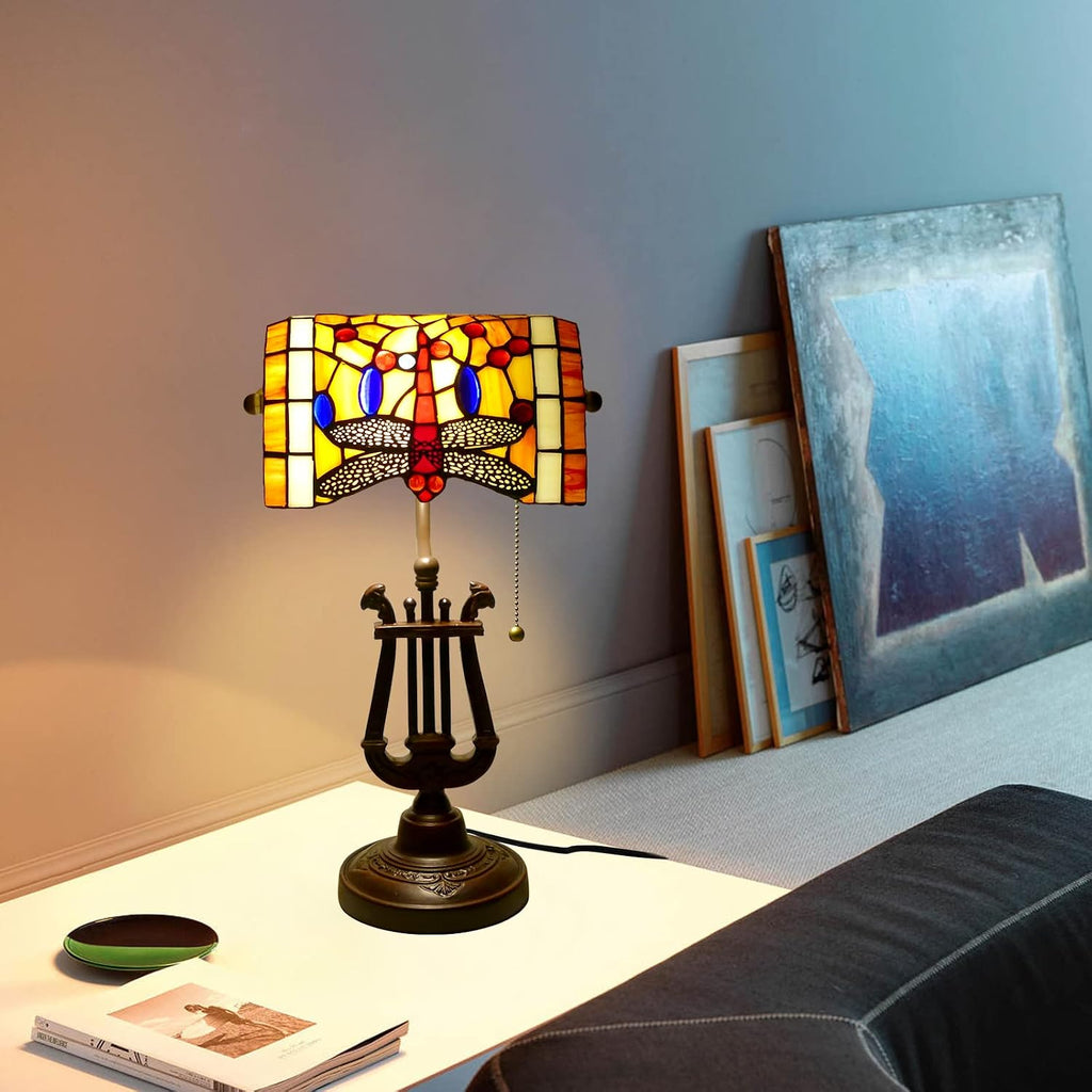 Dragonfly Bankers Lamp Antique Desk Lamps Stained Glass Banker Table Lamp with Pull Chain, Vintage Desk Lamp for Home Office, with Color Changing LED Bulb