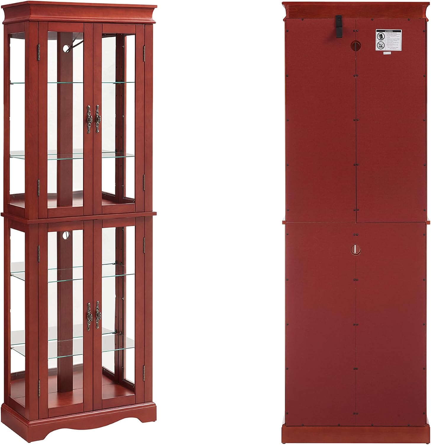 70' H Lighted Curio Cabinet Display Case, Glass Curio Cabinets with Adjustable Shelves and Tempered Glass Door, Wooden Cabinet w/Mirrored Back Pane for Living Room (Cherry)