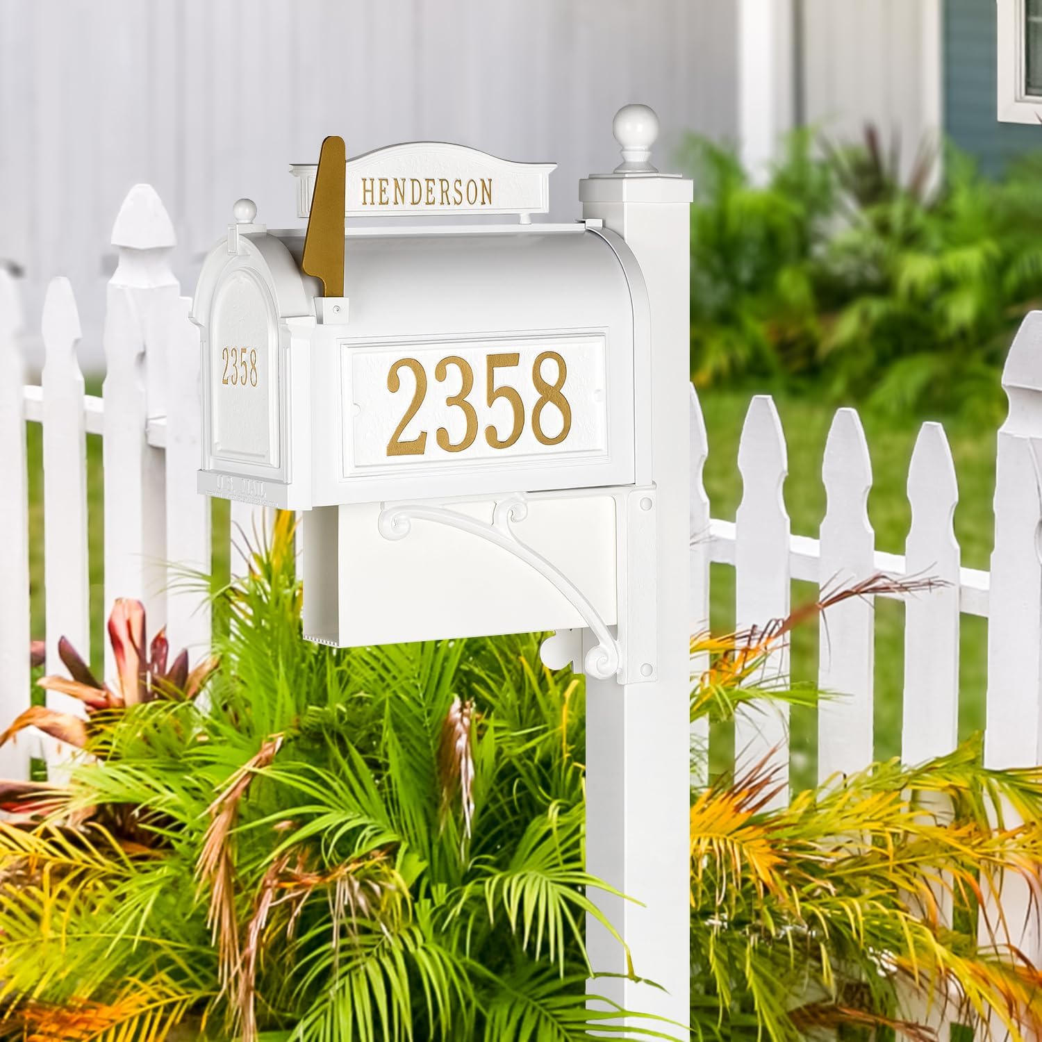 Whitehall Ultimate Mailbox Package, Personalized Large Mailbox with Post and Address Plaque for Outside - White/Gold