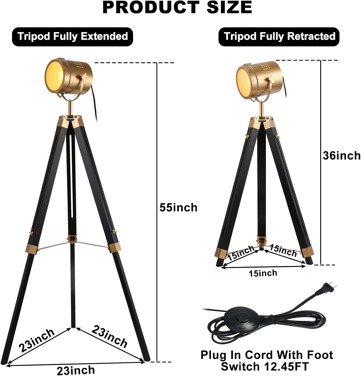 Mordern industrial tripod floor lamp for living room, bedroom office, vintage gold brass standing reading light floor lamp with camera tripod wood, rotatable nautical spotlight standing lamp black