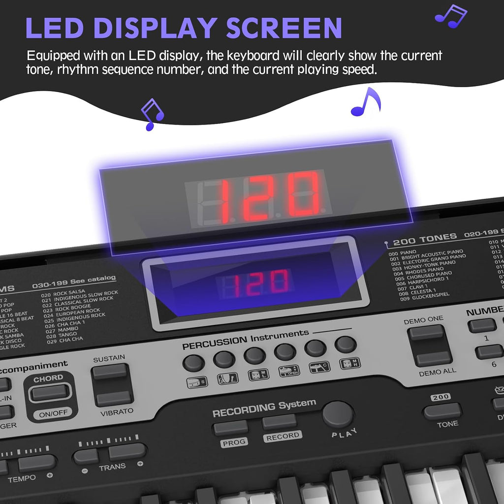 Fenbeli 61 Key Keyboard Piano for Beginners, Electric Piano Keyboard with Stand and Bench, Microphone, Headphone, Sheet Music Stand, LED Screen, 200 Tones, Teaching Mode, Holiday Gift