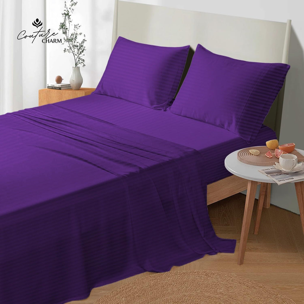Queen Size 1000 Thread Count 100% Egyptian Cotton Sheet Set, 4-Piece, Sateen Weave, with 10-12' Deep Pocket Snug Fit (Stripe, Purple)