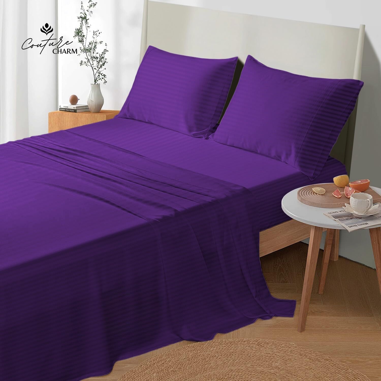 Queen Size 1000 Thread Count 100% Egyptian Cotton Sheet Set, 4-Piece, Sateen Weave, with 10-12' Deep Pocket Snug Fit (Stripe, Purple)