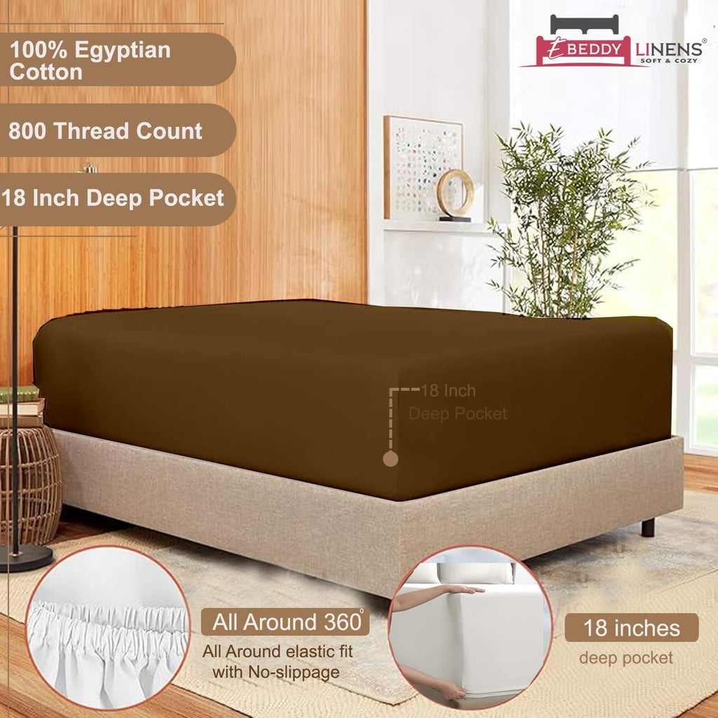 eBeddy Linens | Famaily King 120' x 80' Size Sheet Set | Brown Solid | 4 Piece Set | Hotel Luxury Bed Sheets Silky Soft 800-TC Long Staple Egyptian Cotton Sheet Set 18 Inch Deep Pocket
