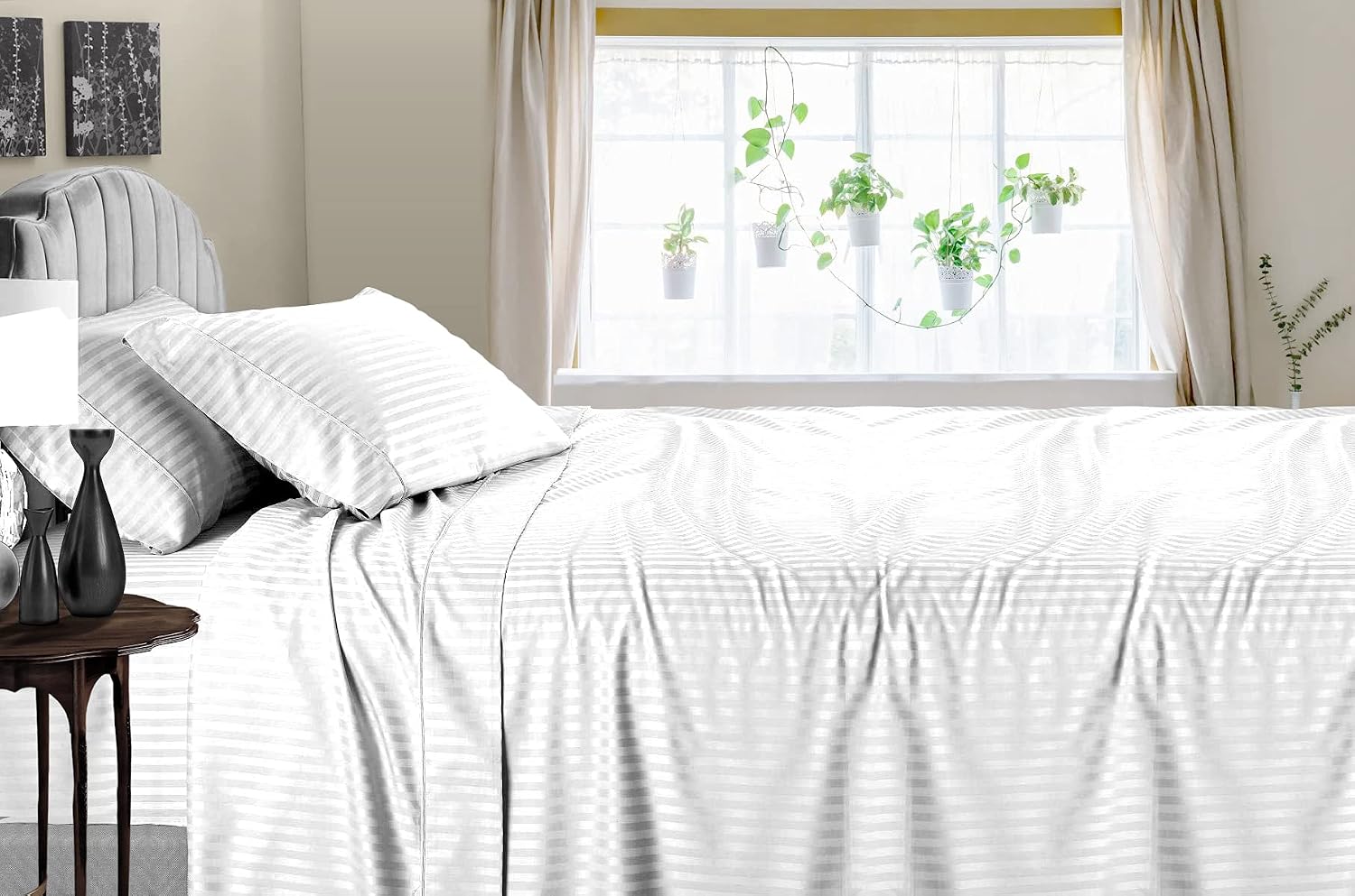 Texas King Size Egyptian Cotton (6 Pc) Bed Sheets Set 600 Thread Count Bedding and Pillow Cases Luxury Soft Bed Sheets - 15' Deep Pocket Soft & Smooth, White Stripe