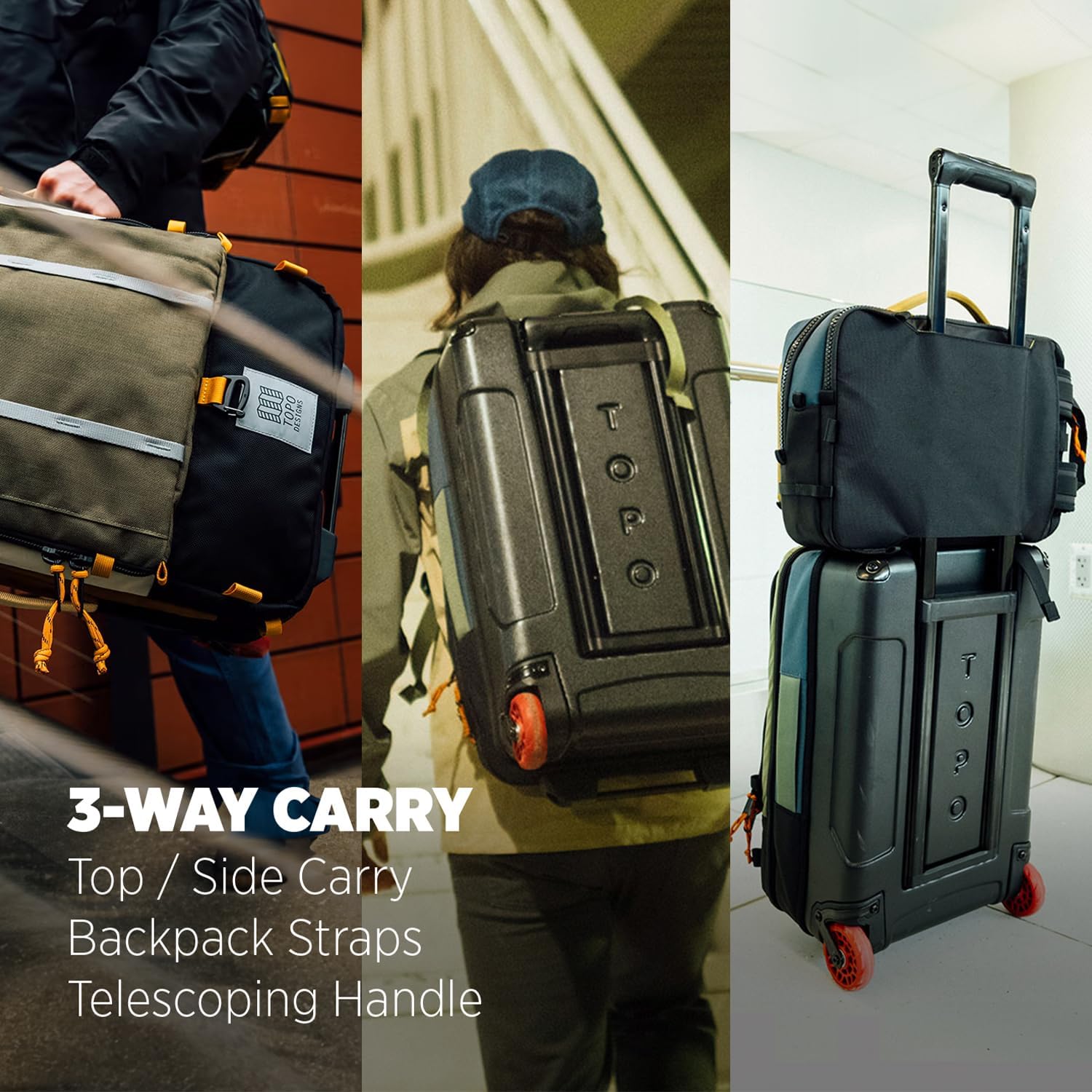 Topo Designs Global Travel Roller Bag Suitcase, Carry-On Friendly, 3 Carry Options, Smooth Heavy Duty Wheels, Telescoping Handle, Designed in Denver CO USA, PFAS Free (Dark Denim/Burgundy)
