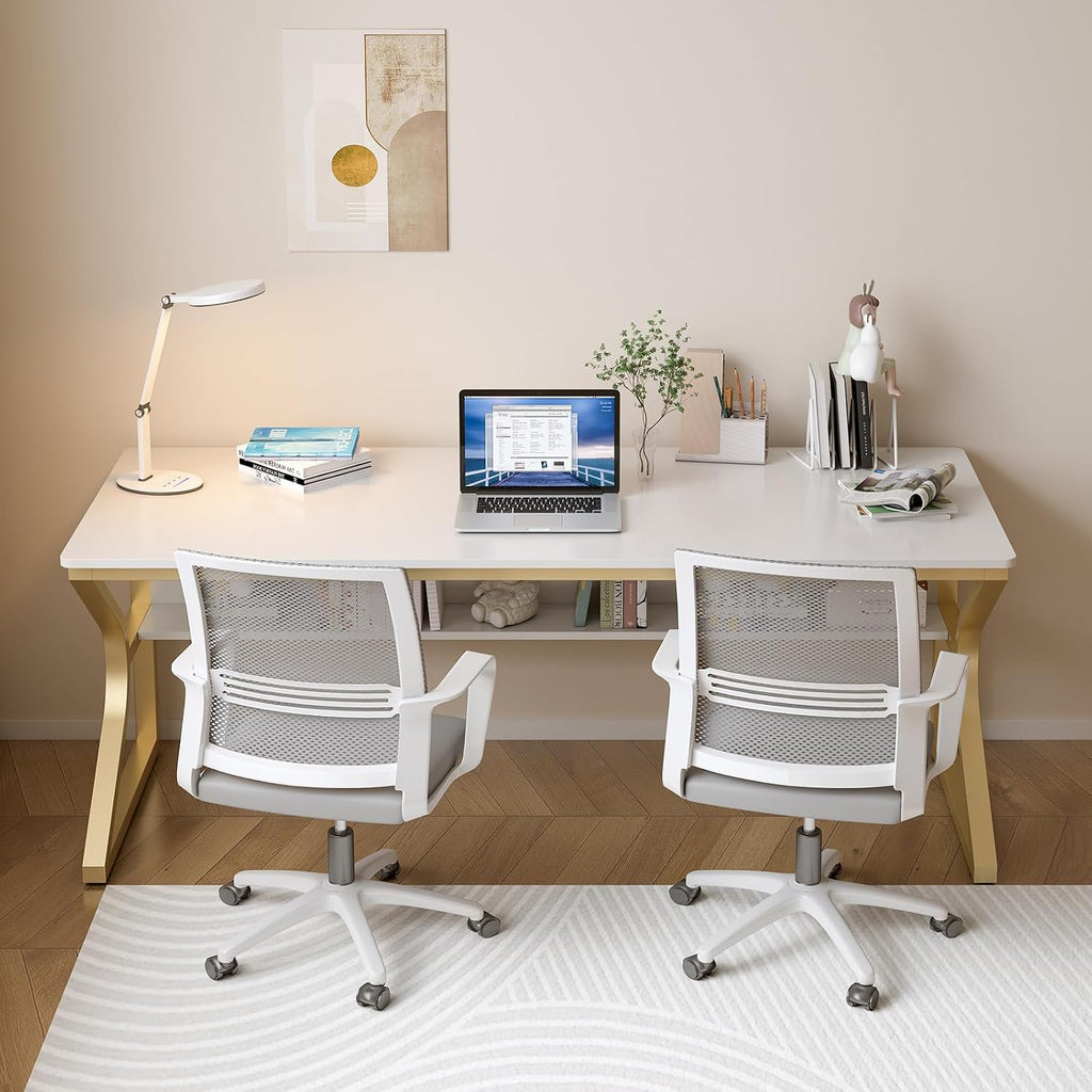 OSCHF Extra Long Desk with Bookshelf - 63' Double Long Writing Table for 2-Person Workstation, Modern Study Work Computer Desk for Home and Office, Gold