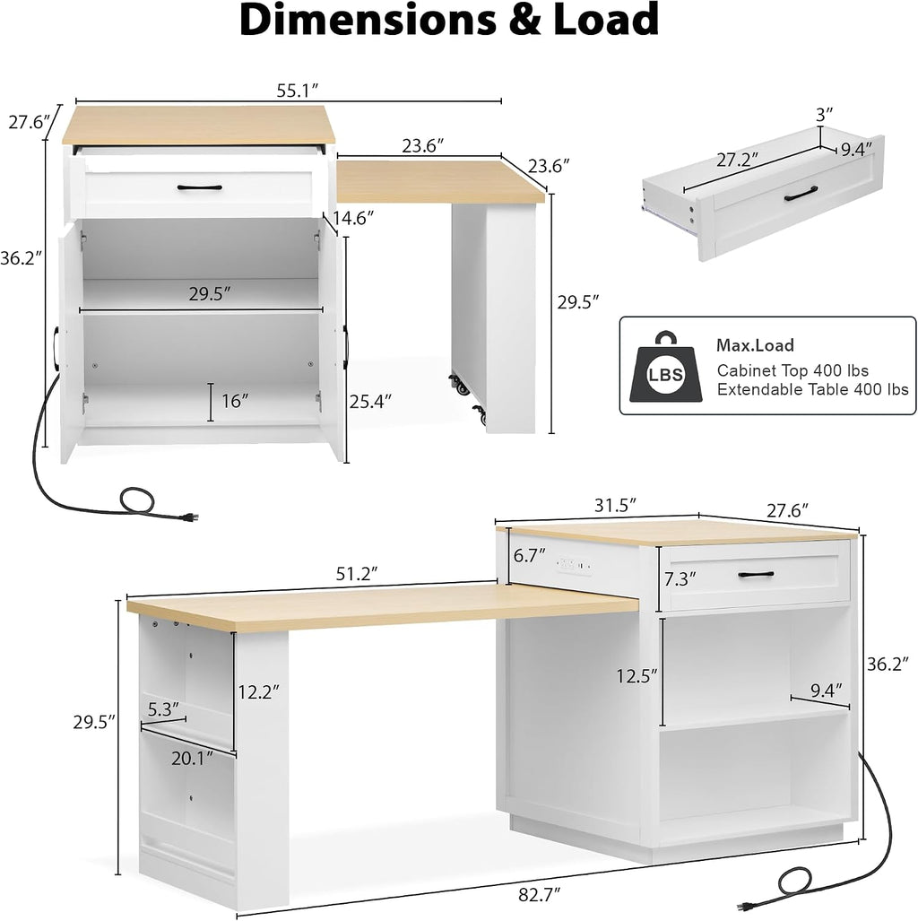 RUNNA Kitchen Island with Extendable Dining Table for 4-6 Person,Two-Tone KitchenTable, Power Outlet, Kitchen Island with Storage 2 Drawers 2 Side Open Shelves (White Oak~010)