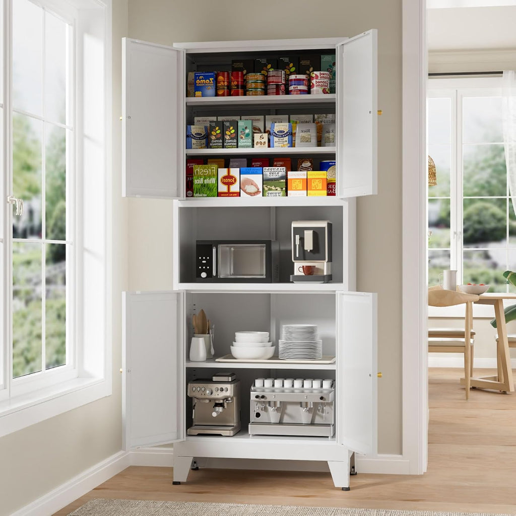 White Metal Kitchen Pantry Cabinet, 69' Tall Storage Cabinet with 4 Doors and 3 Adjustable Shelves, Freestanding Cupboards with Microwave Stand for Dining Room, Living Room, Bathroom