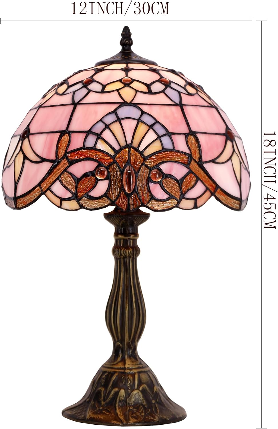 WERFACTORY Tiffany Lamp Stained Glass Table Lamp 12X12X18 Inch Pink Baroque Style Lavender Bedside Reading Desk Light Decor Bedroom Living Room Home Office S003P Series