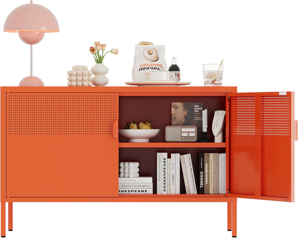 Orange Metal Storage Cabinet,2 Door TV Stand, Metal Mesh Accent Cabinet,Magnetic Door Closure,Low Storage Cabinets with Doors and Shelf for Home,Office,Living Room