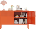 Orange Metal Storage Cabinet,2 Door TV Stand, Metal Mesh Accent Cabinet,Magnetic Door Closure,Low Storage Cabinets with Doors and Shelf for Home,Office,Living Room