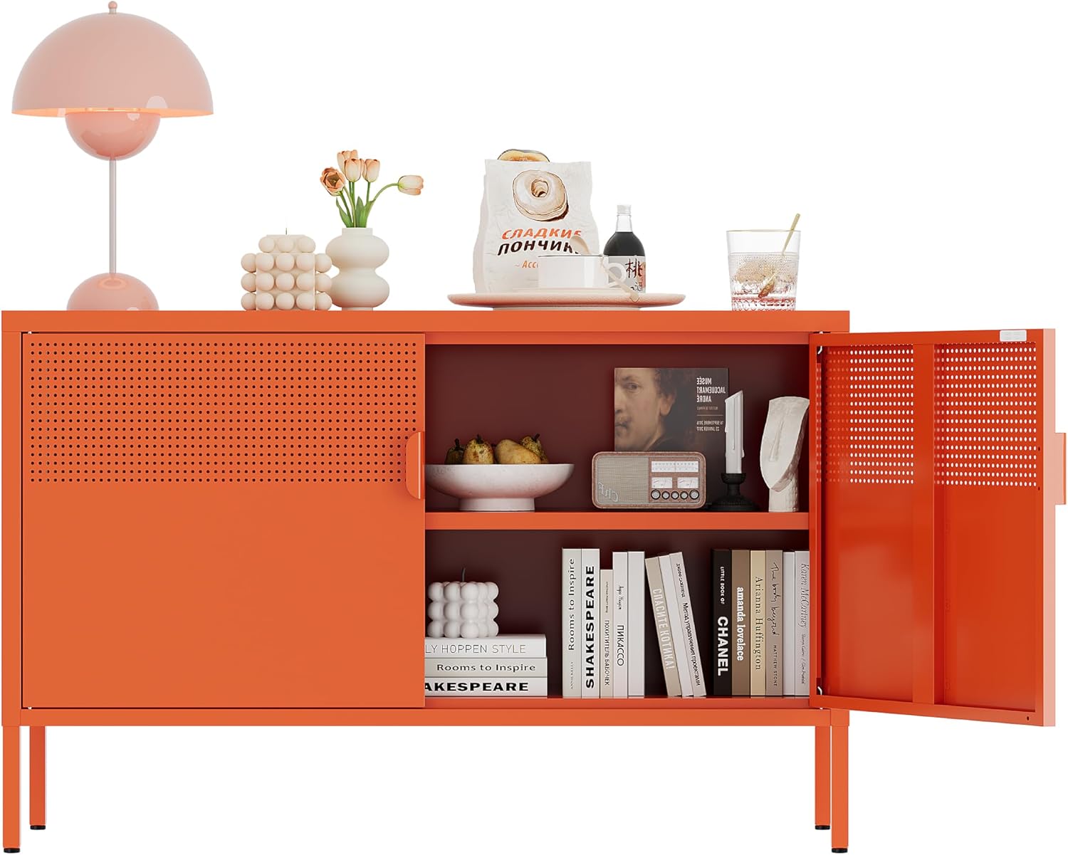Orange Metal Storage Cabinet,2 Door TV Stand, Metal Mesh Accent Cabinet,Magnetic Door Closure,Low Storage Cabinets with Doors and Shelf for Home,Office,Living Room