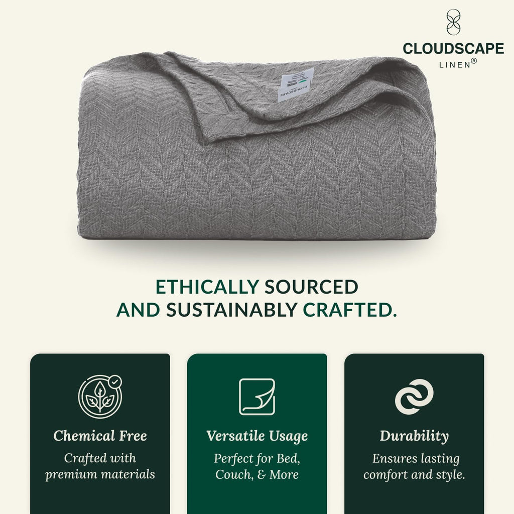 CLOUDSCAPE 100% Cotton King Size Blanket, Soft Herringbone Weave, 92'x108', Fits Upto Cal King, Breathable Lightweight Summer King Cotton Blanket for Adults, All Season Blankets - Sharkskin