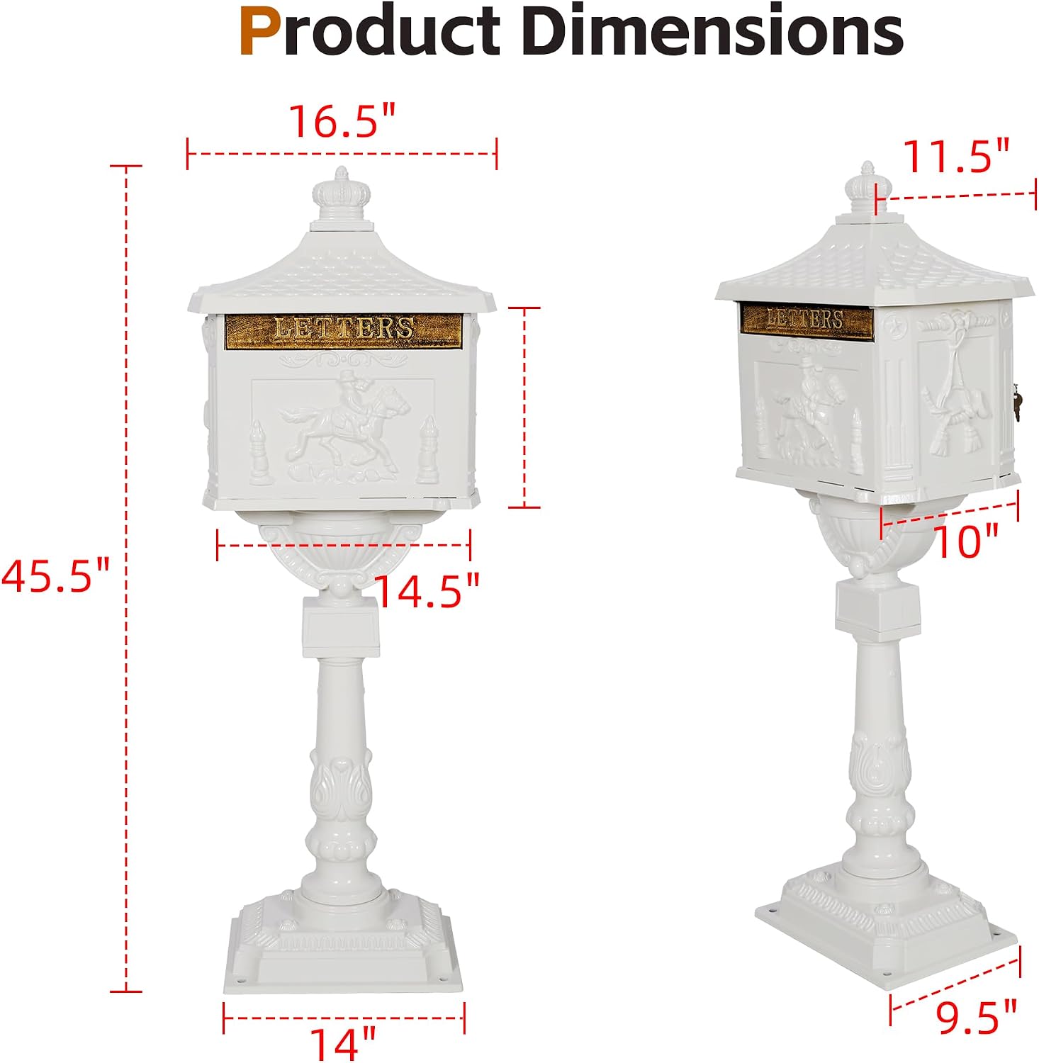 Cast Aluminum Locking Mailbox, Heavy Duty Security Postal Box, Retro Mid-Century Outdoor Mailbox with Key Lock, Weatherproof Anti-Theft Design, Easy Installation, White