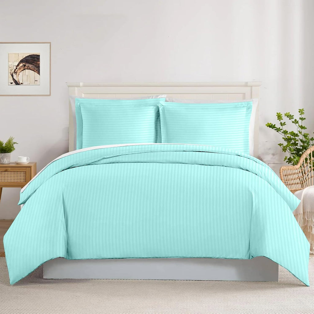 800TC 3 Sided Zipper Duvet Cover Set Soft Egyptian Cotton 3 Sided Zipper Closure, 3 PCS 1-Duvet Cover & 2- Pillow Shams - Oversize Queen Size (98' x 98') Inches, (Aqua Blue Stripe)