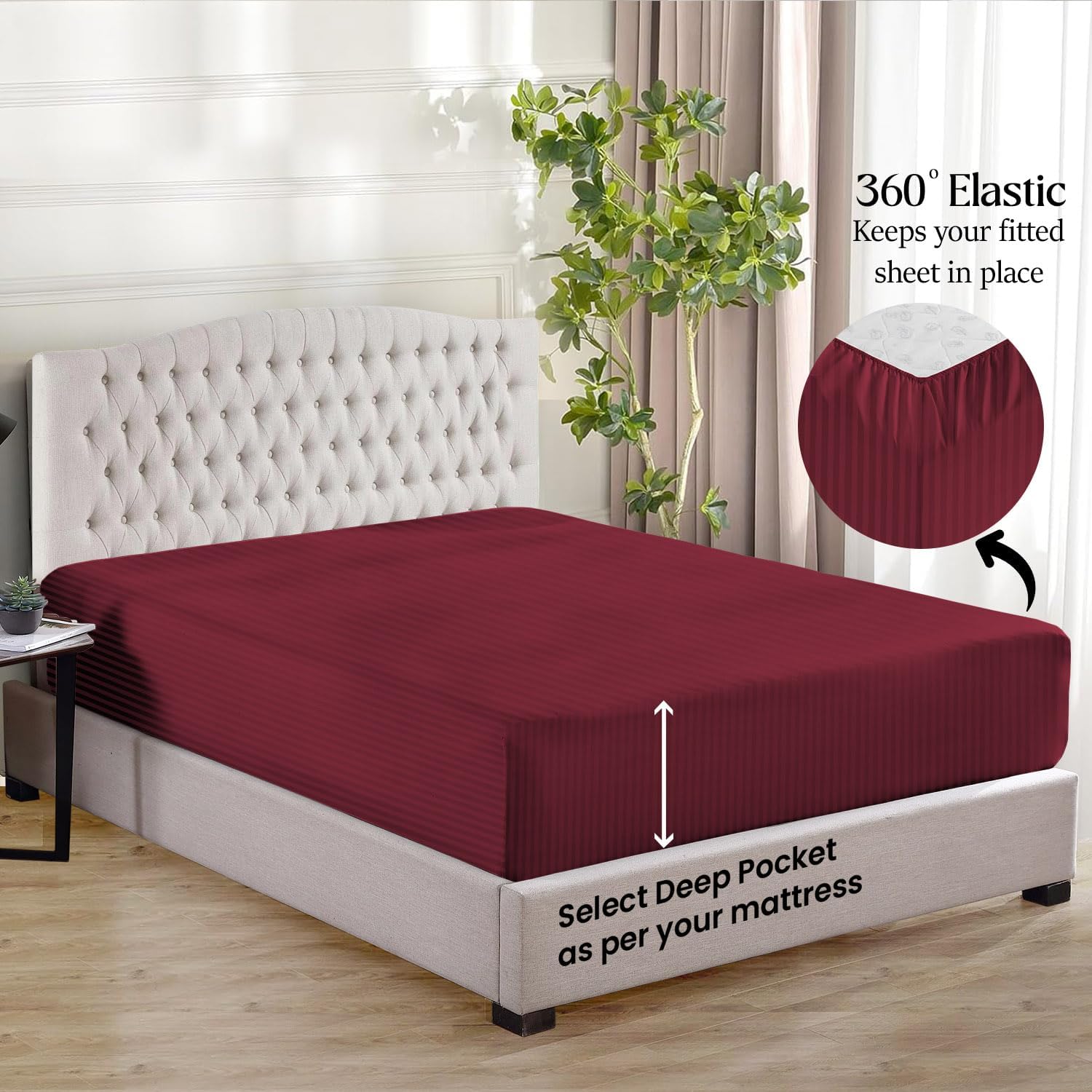 1000 Series - 100% Egyptian Cotton Sheet Set Soft & Comfy Breathable Hotel Quality Luxury Bedding -Queen Size Fits Mattress Up to 18-20' Deep (Stripe, Burgundy)