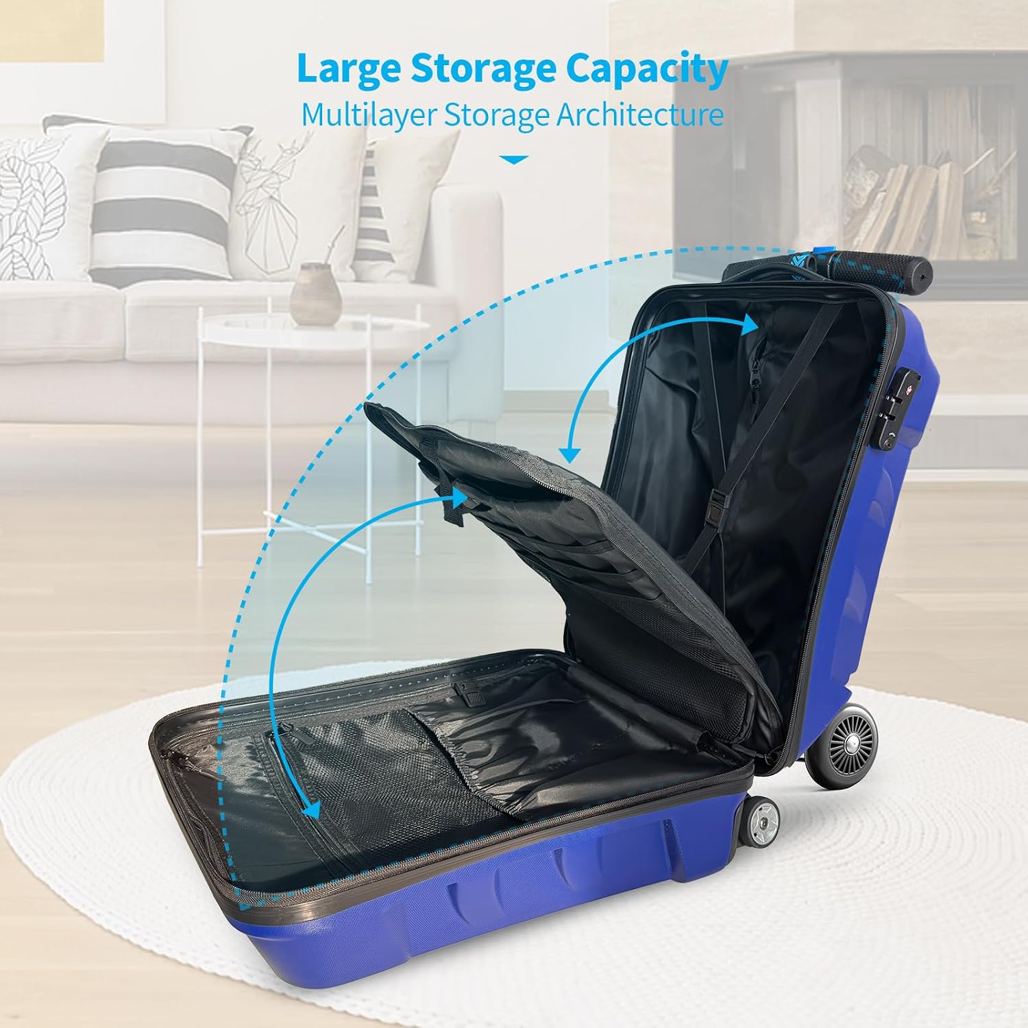 Scooter Suitcase 3-D Hardshell Ride Scooter Luggage for Kids Age 7-15, Cute Lightweight Kids Luggage with Wheels, Girls&Boys Multifunctional Ride On Travel Trolley Scooter Combo-Blue