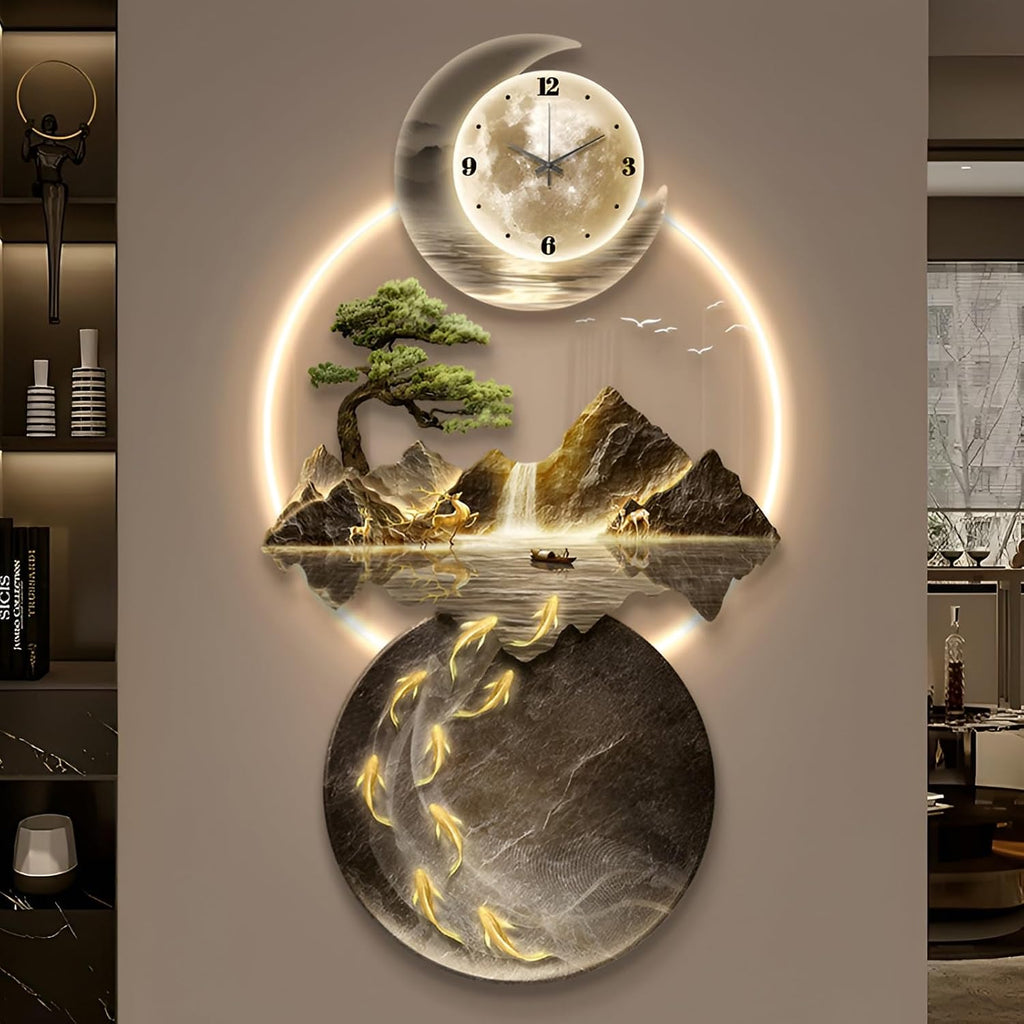 XQDYSG Wall Sculptures 3D Wall Art Decor Clock Plug-in Power Supply Home Decor Wall Modern Wall Hanging Sculpture Painting with LED Light for Bedroom Living Room Apartmen(Stylle D,19.6 * 39.37IN)