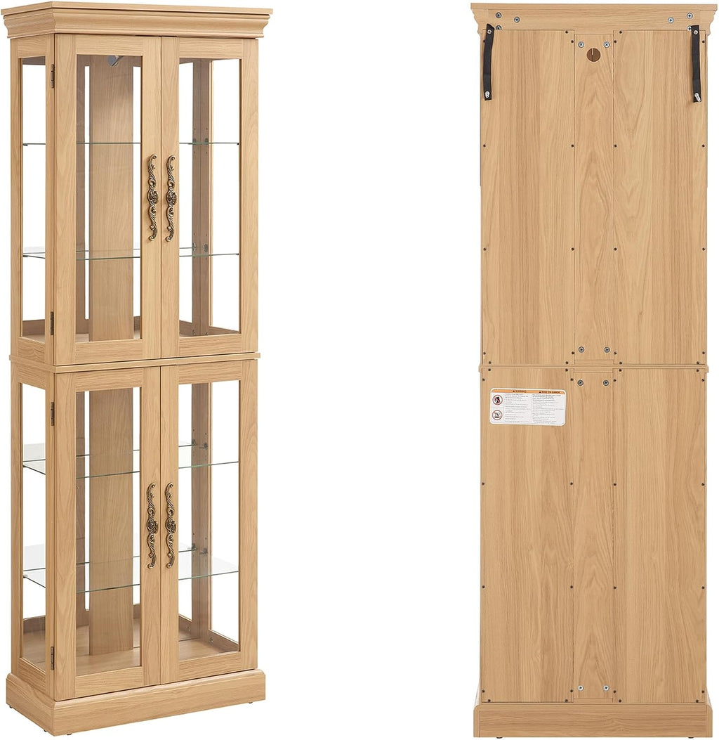 71' H Lighted Curio Cabinet Display Case, Glass Curio Cabinets with Adjustable Shelves and Tempered Glass Door, Wooden Cabinet w/Mirrored Back Pane for Living Room (Light Oak)