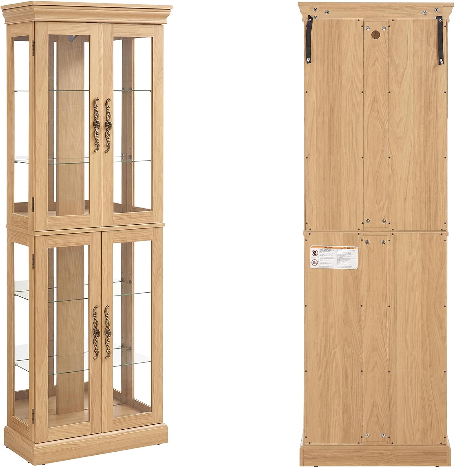 71' H Lighted Curio Cabinet Display Case, Glass Curio Cabinets with Adjustable Shelves and Tempered Glass Door, Wooden Cabinet w/Mirrored Back Pane for Living Room (Light Oak)
