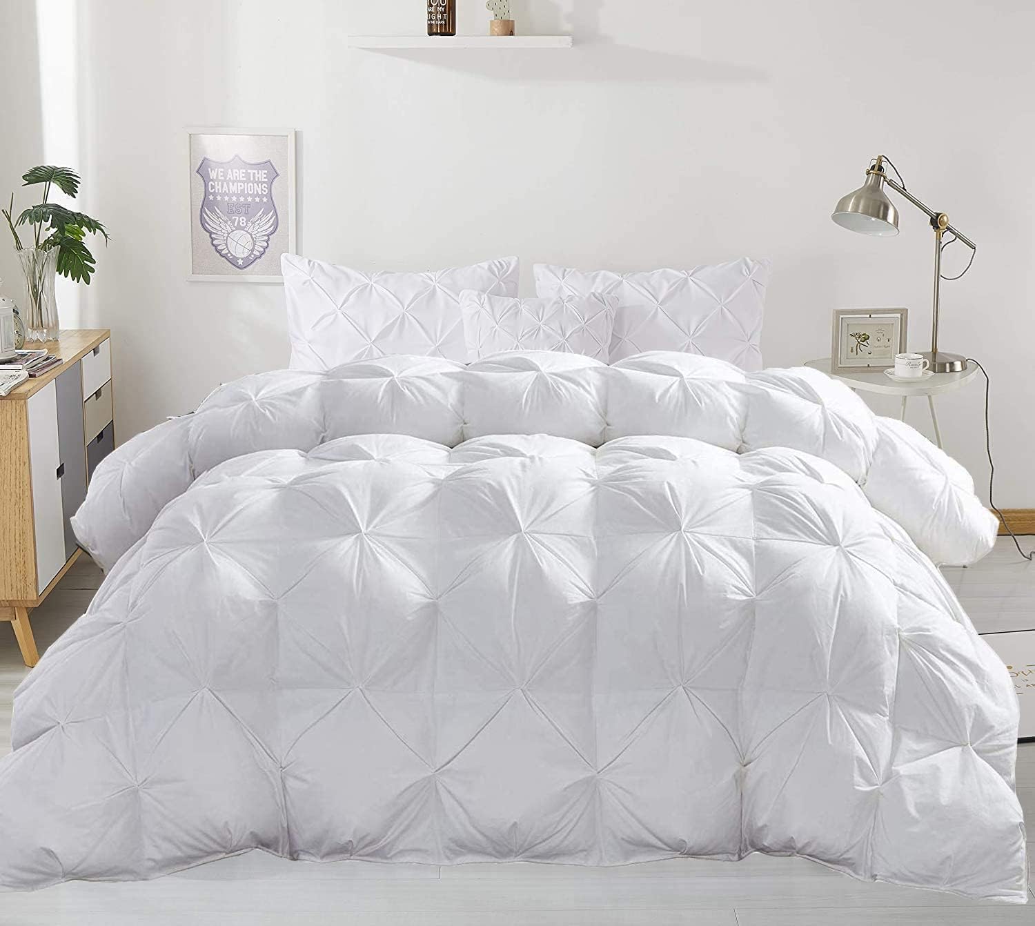 Eco Friendly 1000-TC Pinch Pleated Down Alternative Comforter 1pc Comforter & 2 pcs Pillow Covers, 700 GSM & All Side Corner Tabs 100% Egyptian Cotton (Super King Plus (120x120), White)