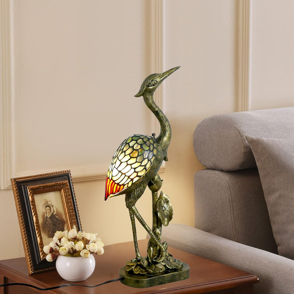 Tiffany Lamp Blue Stained Glass Crane Bird Style Table Lamp Desk Light 23.6 Inch Tall Vintage Tiffany Table Lamp for Bedroom Living Room Home Office, Color Changing LED Bulb Included