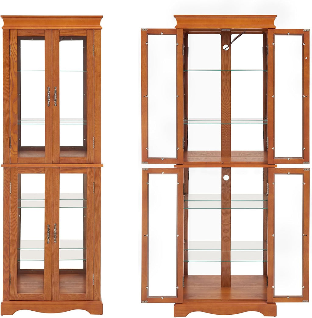 70' H Lighted Curio Cabinet Display Case, Glass Curio Cabinets with Adjustable Shelves and Tempered Glass Door, Wooden Cabinet w/Mirrored Back Pane for Living Room (Oak)