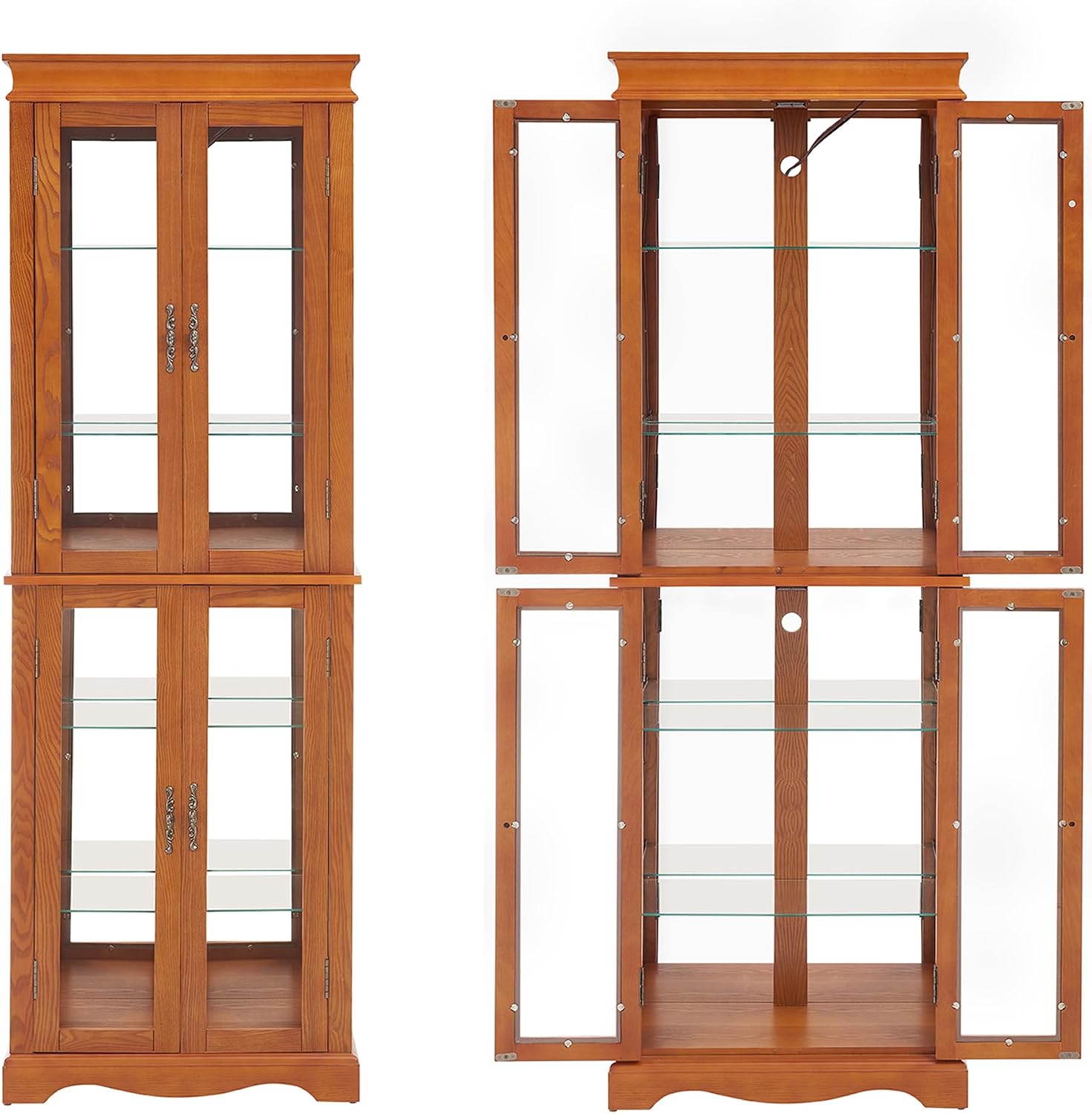 70' H Lighted Curio Cabinet Display Case, Glass Curio Cabinets with Adjustable Shelves and Tempered Glass Door, Wooden Cabinet w/Mirrored Back Pane for Living Room (Oak)