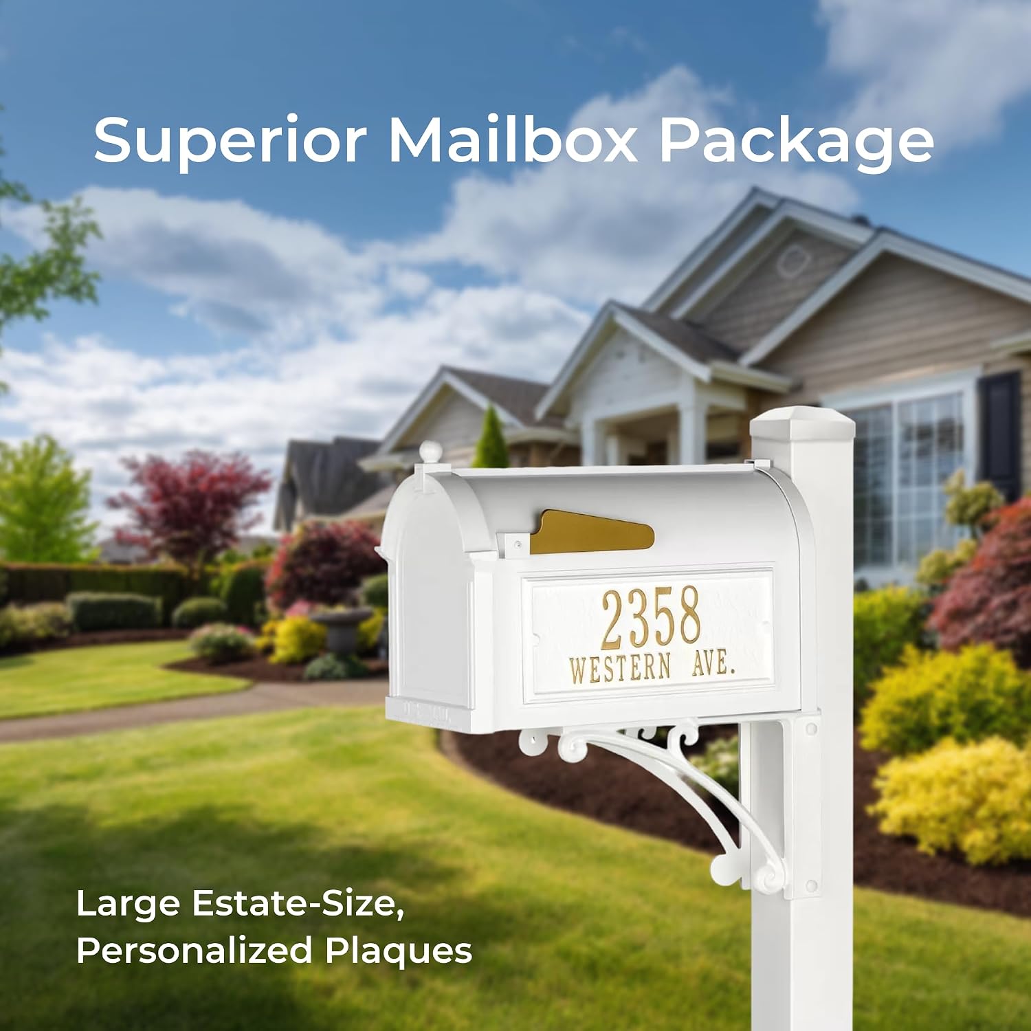 Whitehall White Superior Mailbox Package with Personalized Side Plaques & Post Fashion and Function with a Classic Design Including Street Name for Enhancing Curb Appeal of Your Home