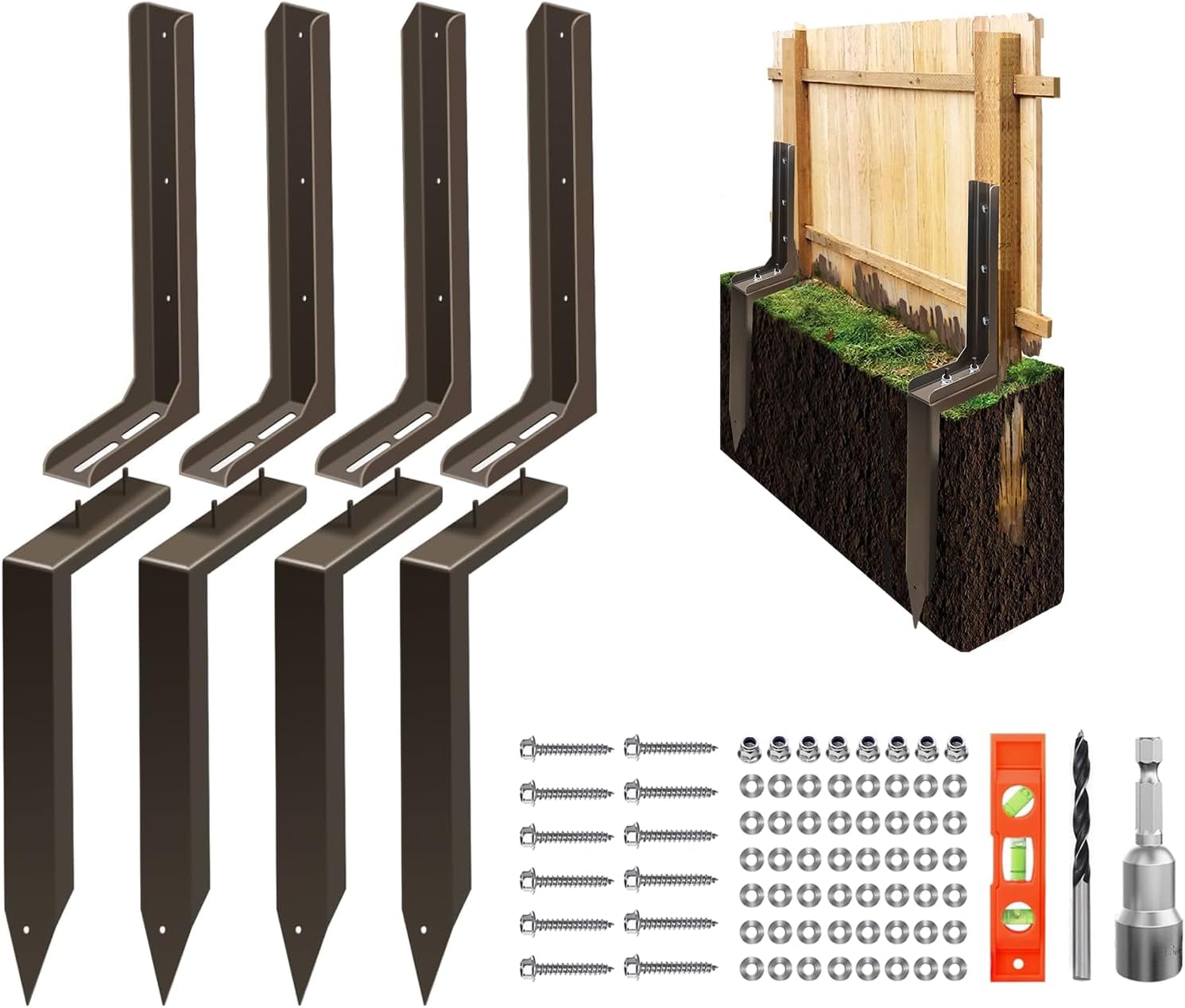 Fence Post Repair Kit, Quick Fix for Leaning/Broken 4x4/6x6 Fence Post Repair Stakes Kit Heavy Duty, Adjustable Angle, Solid Metal Anti-Rust Paint, 4 Pack/Brown