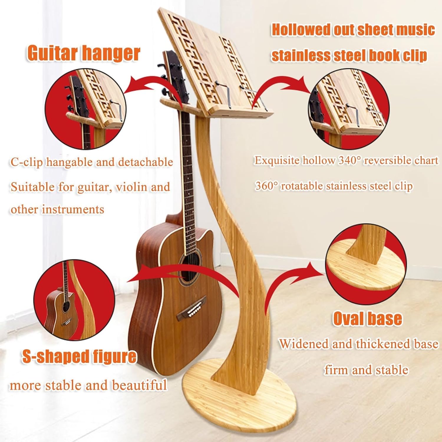 WORDFUN Sheet Music Stand, Professional Music Book Holder, Super Sturdy Guitar Violin Music Stand, Wood Station for Conductors, 340° Flip Design, for Reading & Desk & Display