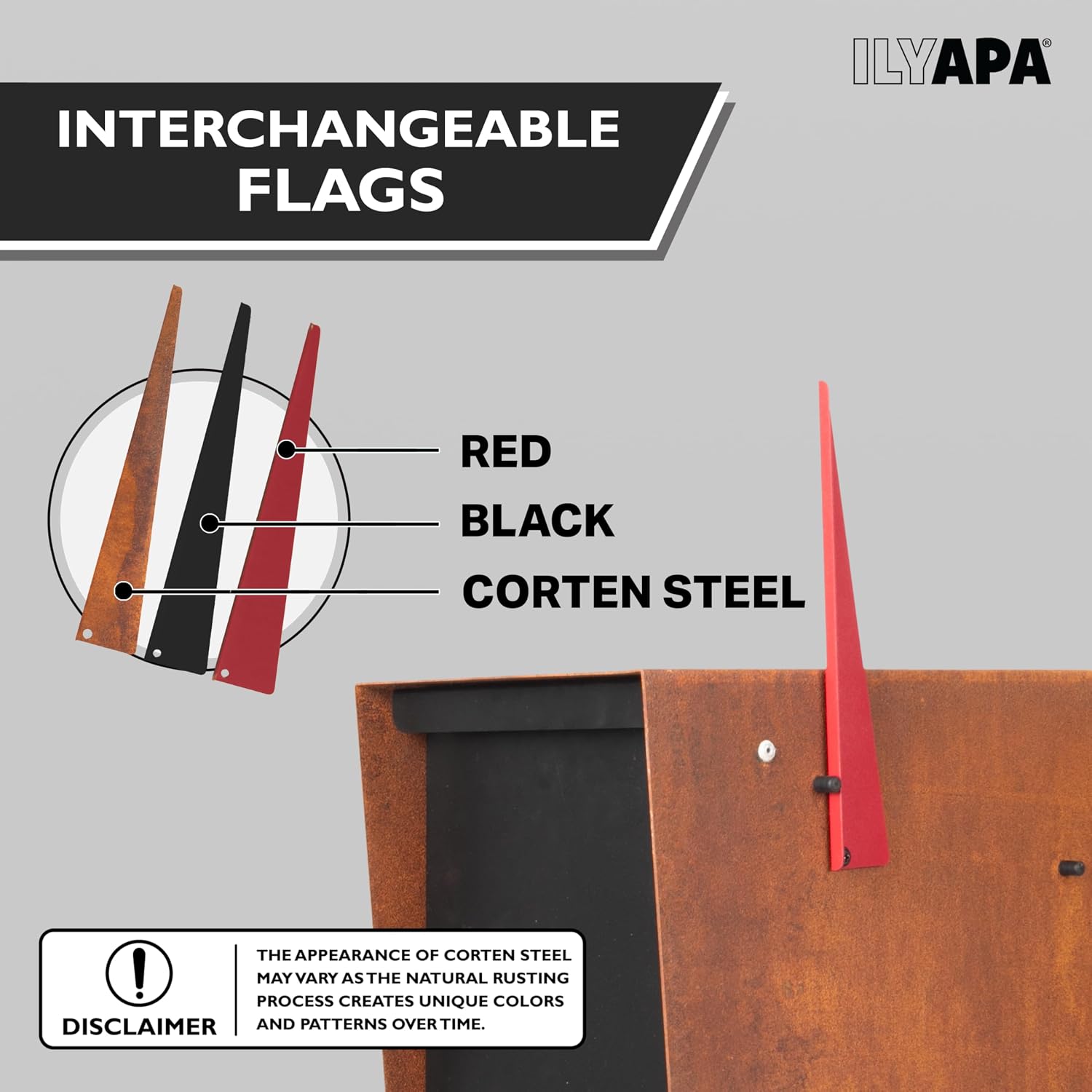 Ilyapa Modern Mailbox for Post Mount - Corten Steel Rusted Finish with Black Door Powder Coated Steel, with Recessed Magnetic Close Door