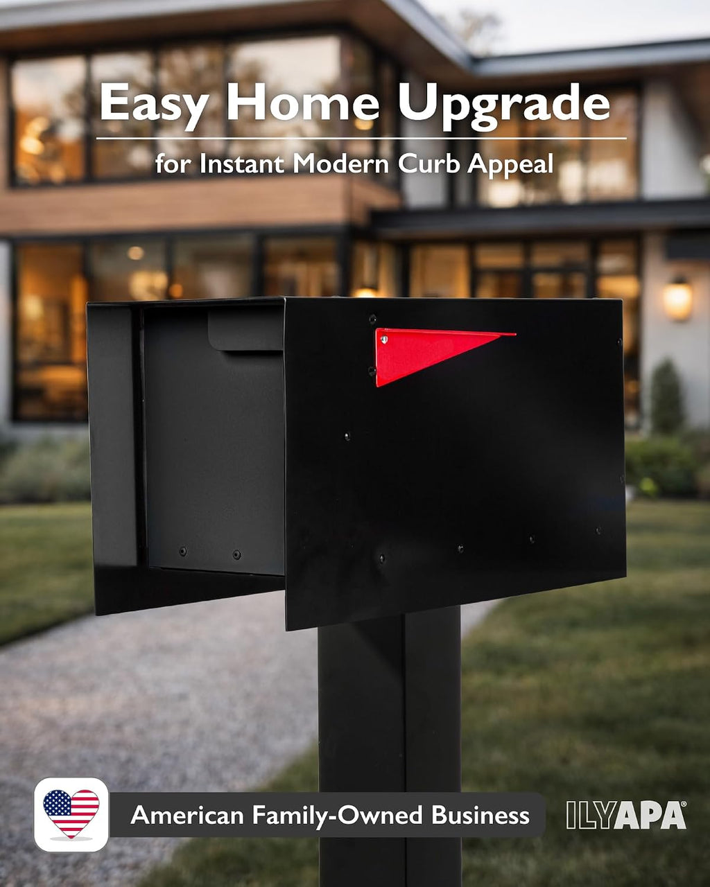 Ilyapa Locking Mailbox with Lock and Key Modern Mailboxes for Outside Post Mount - Black Powder Coated Steel, All Weather & Corrosion Resistant, Stainless Steel, Tab