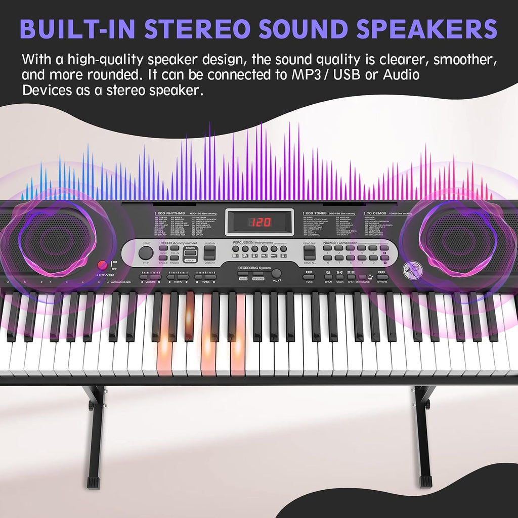 Fenbeli 61 Key Keyboard Piano for Beginners, Electric Piano Keyboard with Stand and Bench, Microphone, Headphone, Sheet Music Stand, LED Screen, 200 Tones, Teaching Mode, Holiday Gift