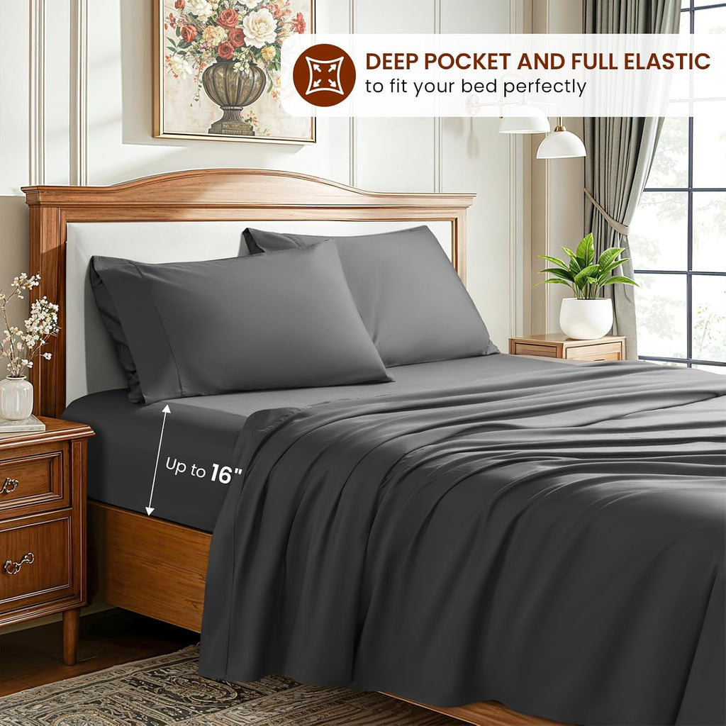 LBRO2M 1500 Thread Count Sheets 100% Egyptian Cotton Sheets Set King Size 16 Inches Deep Pocket Bedding 4 Piece Sets (King, Dark Gray)
