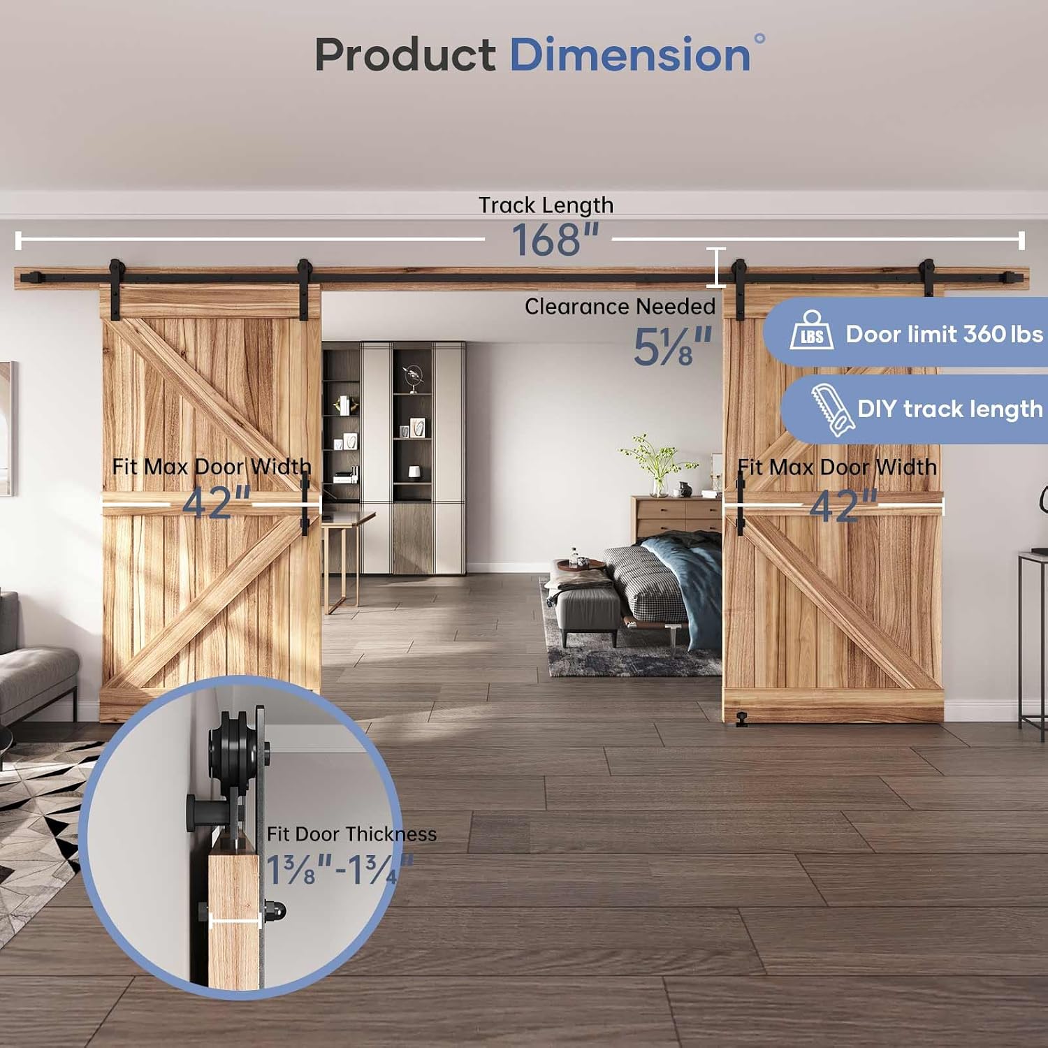 EaseLife 14 FT Double Sliding Barn Door Track and Handle Hardware Kit,Straight Pulley,Slide Smoothly Quietly,Easy Install (14FT Track Kit for 40'~42' Wide Double Door)