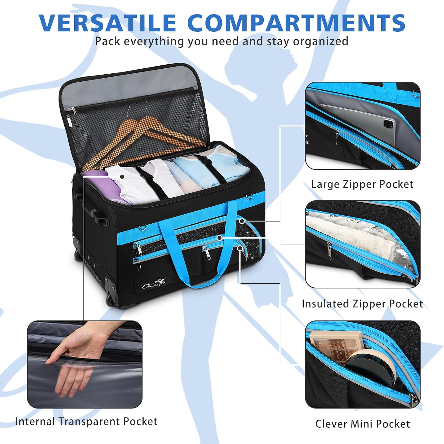 Dance Bag with Garment Rack, 28' Rolling Dance Suitcase Competition Duffle Bag with Garment Rack & Wheels | Versatile Compartments, Upgraded Stable System for Dance Shows, Travel, Cheer, Recital