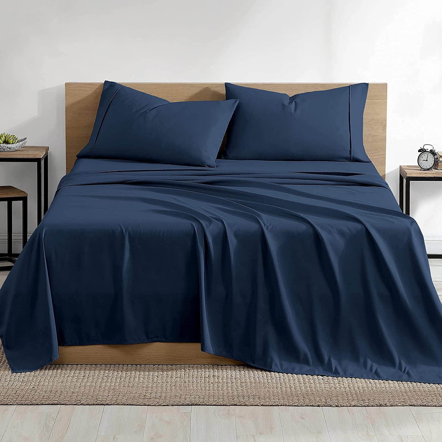 4 Piece Navy Blue Bed Sheet Set 100% Egyptian Cotton Sheets Queen Size Premium 800 Thread Count Sateen Weave, Fits Mattress Upto 21'' Deep Pocket (1 Flat, 1 Fitted Sheets, 2 Pillow Cases)
