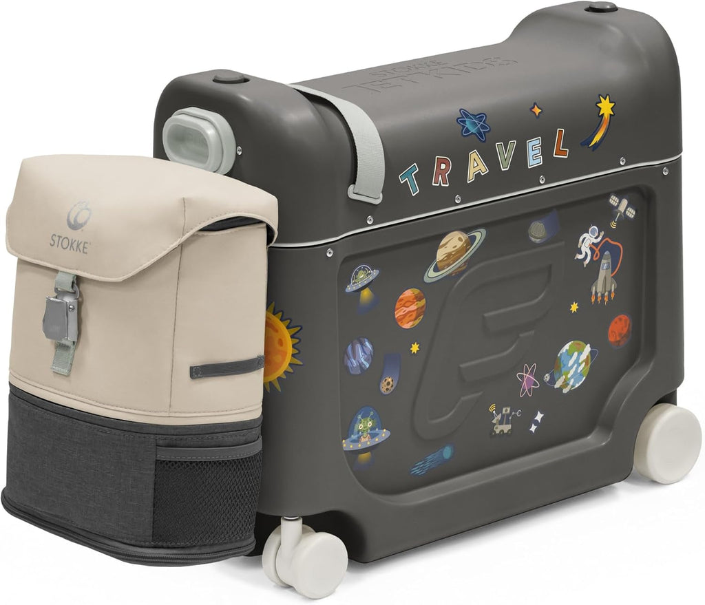 Stokke JetKids Travel Bundle, Midnight Grey - Includes BedBox Ride-On Suitcase & Backpack - Best for Kids 2-7 Years Old (Up to 77 lbs)