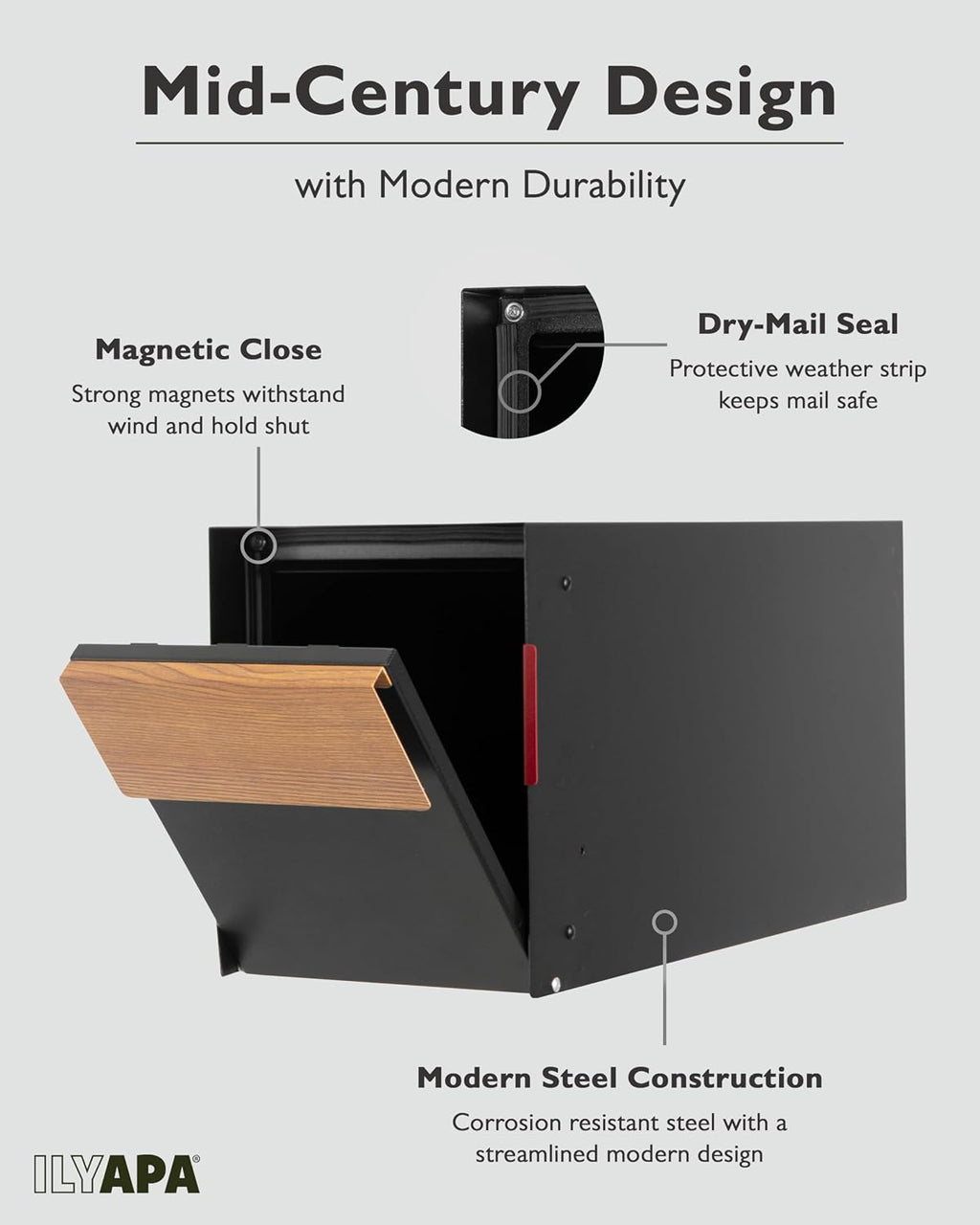 Ilyapa Modern Curbside Mailbox & Post Kit: All Weather Powder-Coated Steel Mail Box with Magnetic Door, Stainless Hinges, and Heavy-Duty 43' Metal Post Sleeve Mount