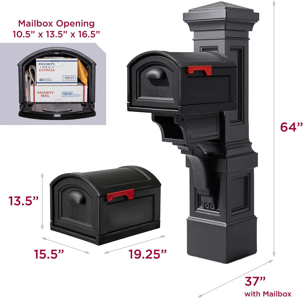Step2 Atherton Grand Onyx Black XL Mailbox and Mailbox Post Kit – Elegantly Styled Mailbox with Post Cover, Magnetic Closure & Newspaper Chute – Ultra Durable, Low Maintenance