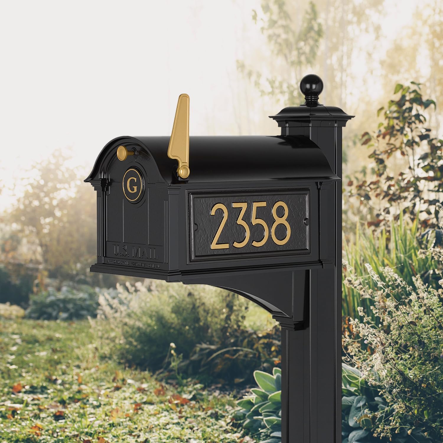 Whitehall Custom Extra Large Mailbox - Balmoral Model with Modern Style Address Plaques, Monogram and Side Mount Post Package, Sand Cast Aluminum, Black Personalized in Goldtone