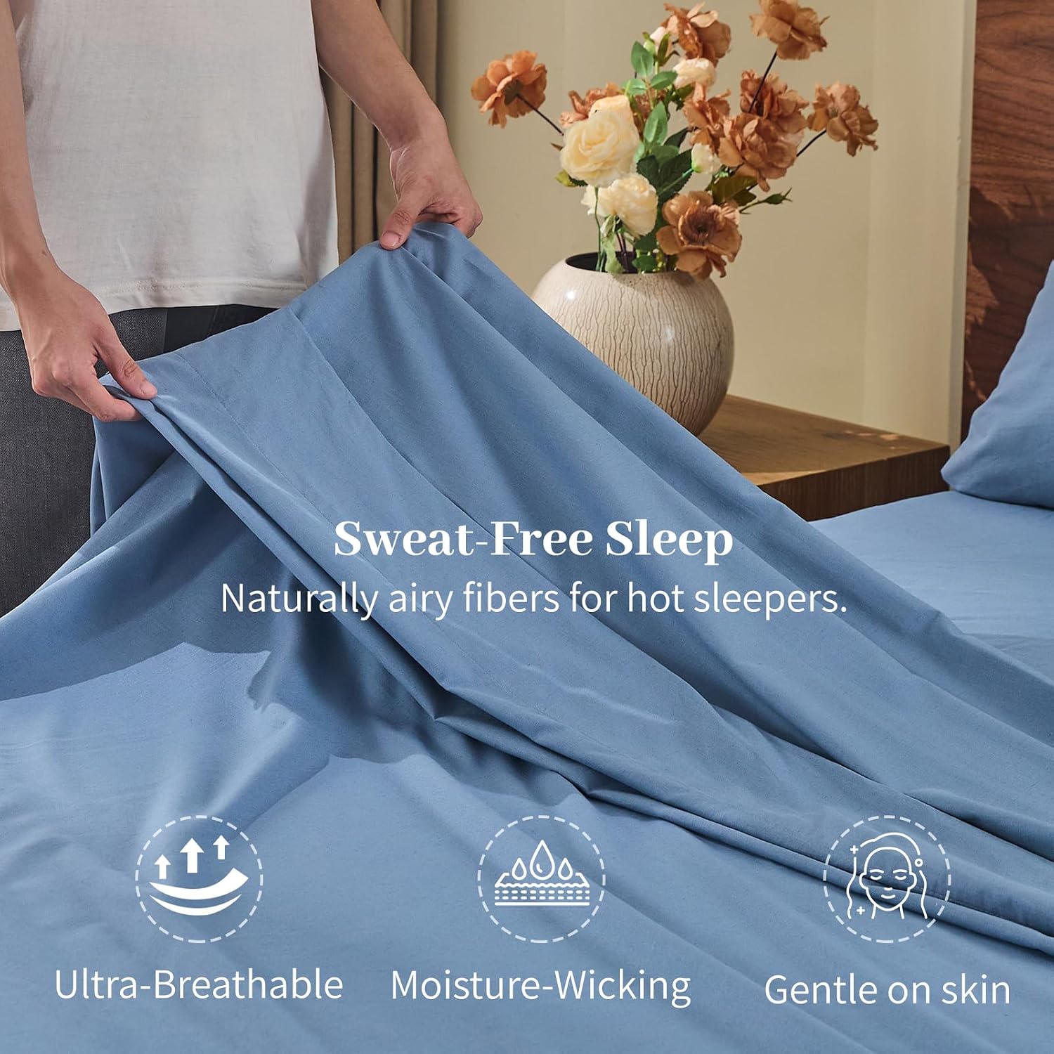 MEISHANG 100% French Pure Linen Sheets Queen Size - Bed Sheets 4 Piece Sets, Soft Durable Flax Linen, Anti-Tear Breathable Oeko-Tex Certified with 16' Deep Pocket (Dusty Blue)