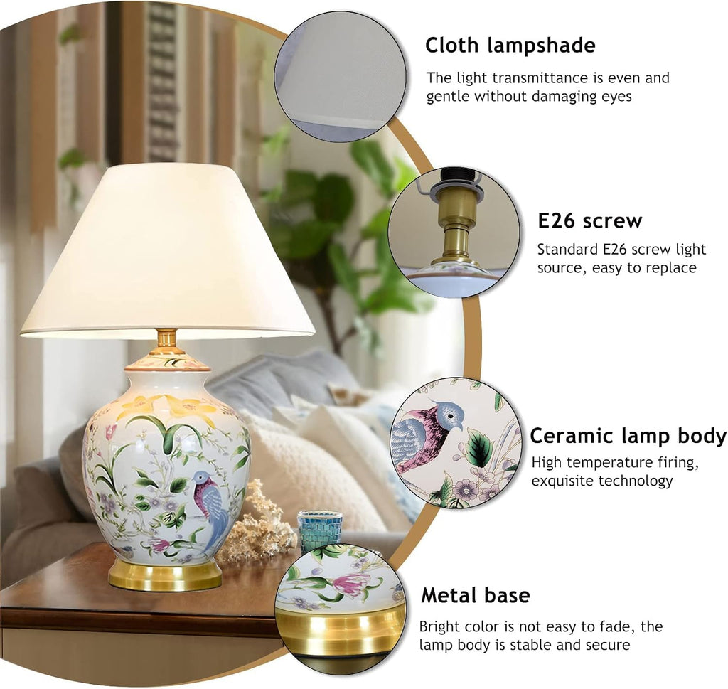 Chinoiserie Ceramic LED Table Lamp, American Flower&Bird Bedside Lamp, Classic White Fabric Lampshade Desk Nightstand Lamp for Bedroom Living Room Office College Bookcase